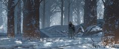 a person standing in the middle of a snowy forest with stairs leading up to them