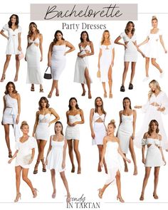 a bunch of women in white dresses posing for pictures