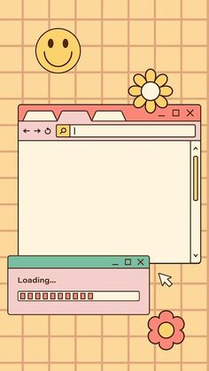 an image of a computer screen with flowers and smiley face on the wall behind it