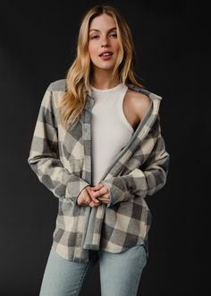 Gray and cream super soft plaid flannel Long sleeves Button closure on the front Imported garment 100% Cotton SIZE CHARTS: Bust: 40" / Length: 24.5"M: Bust: 42" / Length: 25.5"L: Bust: 44" / Length: 26.5"XL: Bust: 46" / Length: 27.5" Flannel Sweatshirt, Blouses Vintage, Knit Jewelry, Long Jumpsuits, Top Graphic Tees, Club Outfits, Soft Flannel, Size Charts, Vintage Sweatshirt