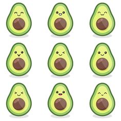 an avocado with many different expressions