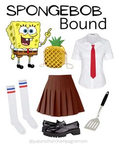 the spongebob bound costume is shown with shoes, socks and a pineapple