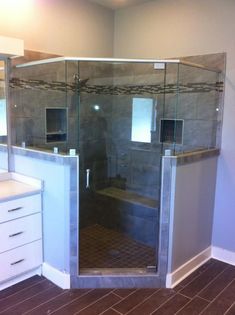 a walk in shower sitting inside of a bathroom