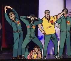 an animated image of people on stage with one man holding his head in the air