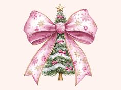 a christmas tree with pink bows and ornaments on it's side, in front of a light pink background