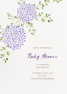 a baby shower with purple flowers and green leaves