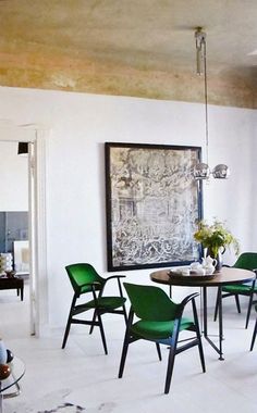 a collage of photos with green chairs and pictures on the wall in front of them