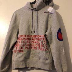 Grey Champion Sweatshirt , So Comfortable Only Worn Once Logo Print Hoodie For Fall, Athleisure Long Sleeve Outerwear With Logo Print, Grey Champion Sweatshirt, Blue Champion Hoodie, Cropped Quarter Zip, Cream Turtleneck, Champion Jacket, Black Windbreaker, Teddy Jacket