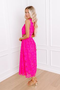 - Step into enchanting elegance with this gorgeous dress! - Floral crochet lace material - A built-in lining beginning above the bust - A crew cut neckline with a zip closure back - A sleeveless cut - Cut out side with elastic details at the waist - A figure flattering silhouette that ends in an uneven midi length hemline Pink Scalloped Lace Dress For Bridesmaids, Pink Bridesmaid Lace Dress With Scalloped Lace, Pink Scalloped Lace Bridesmaid Dress, Pink Fitted Dress With Crochet Lace, Fitted Pink Dress With Crochet Lace, Pink Fitted Crochet Lace Dress, Fitted Pink Crochet Lace Dress, Pink Lace Dress With Lace Top, Pink Lace Top Dress