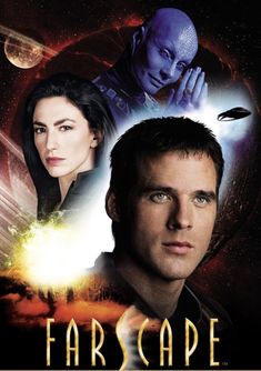 the movie poster for farscape with two people in space and planets behind them