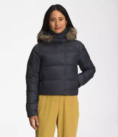 New with tags -size XL Color Vanadis Gray - The North Face gives a modern crop and boldly styled women's New Dealio down short jacket with toasty 550-fill down, A-line silhouette and water-repellent finish. Down and feathers in this product come from animals that have not been subjected to any unnecessary harm Attached, insulated hood with removable plush trim; stand collar; internal center front zip with double-breasted snap closure Lined Water-repellant Embroidered logo at left chest and at right back; asymmetrical hemline Secure-zip, on-seam hand pockets; internal chest pocket; clean, invisible-zip pocket on side-panel seam Shell & lining: polyester (100% recycled) Machine washable ·         Any returned item is subject to a 20% restock fee, no exceptions.  Shipping costs are not refund Ladies Short Jackets, North Face Womens, North Face Women, Short Jacket, Fur Trim, Panel Siding, Stand Collar, Repellent, Water Repellent