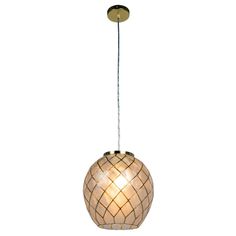 a light that is hanging from the ceiling with a white and brown glass ball on it