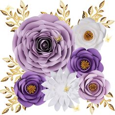 purple and white paper flowers with gold leaves