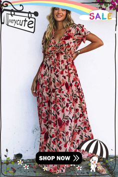 Red Floral Print Frilled V Neck Short Sleeve Maxi Dress Short Sleeve Maxi Dress, Red Floral Print, Short Sleeve Maxi Dresses, Sleeve Maxi Dress, Maxi Dress With Sleeves, Women Dresses, Red Floral, Maxi Dresses, Dresses Maxi