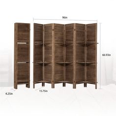 the room divider is shown with measurements for each section, and has four shelves