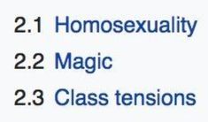 the words homosexualityexnality, magic and class tensions are in blue letters