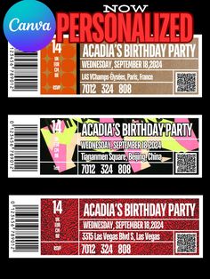 two birthday party tickets with the words now personalized