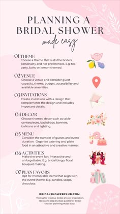 the bridal shower menu is shown with pink flowers and other things to do on it