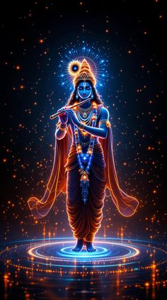 an image of the god in blue and gold with lights around him, standing on a circle