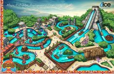 a drawing of a water park with many slides