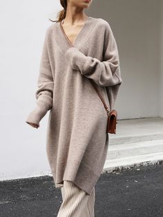 Stylish Long Sleeves Loose Solid Color V-Neck Sweater Dresses CAMEL-One_size Winter Typ, Sweater Dresses, Long Sleeve Knit Dress, Over Size, Oversized Dress, Long Sleeve Sweater Dress, Khaki Dress, Sweater Dress Midi, V Neck Sweater