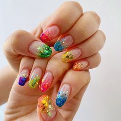 Almond Shape Rainbow Nails, Rainbow Nail Design, Nails Design Rainbow, Rainbow Gel Nails, Rainbow Nails Acrylic, Rainbow Nail Ideas, Rainbow Nails Design, Rainbow Nail Art, Cute Spring Nails