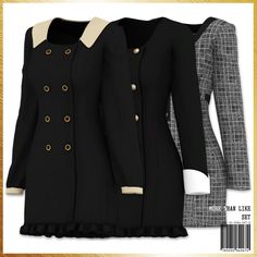 three different styles of black and white coats with gold buttons on the collar, long sleeved