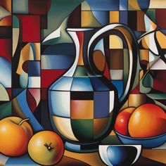 a painting of a pitcher, apples and other items on a table with squares in the background