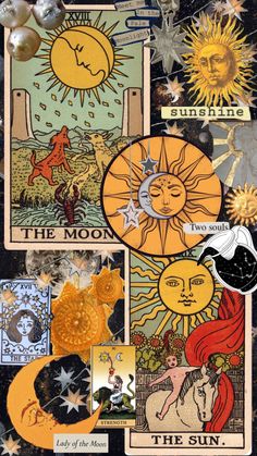 the sun and moon tarot cards are arranged on top of each other, with different images