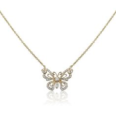 Roman & Jules 14K Yellow Gold Butterfly Necklace with 0.22 Carat Diamond Accent Elegant Butterfly Diamond Necklace As Gift, Elegant Butterfly-shaped Diamond Necklace Gift, Elegant Butterfly Diamond Necklace Gift, Elegant Butterfly Diamond Necklace With Diamond Accents, Elegant Pendant Necklace With Butterfly Charm, Elegant Diamond Necklace With Butterfly Accents, Elegant Butterfly Shaped Diamond Necklace With Accents, Delicate Yellow Gold Necklace With Butterfly Charm, Yellow Gold Diamond Necklace With Butterfly Charm