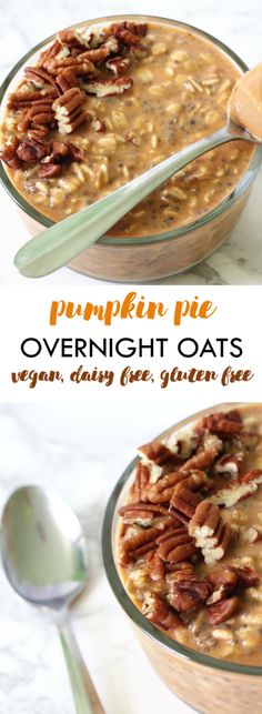 pumpkin pie overnight oats with pecans in a glass bowl and spoon on the side