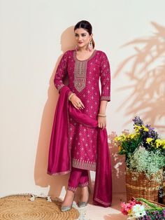 Pink Vichitra Silk Pant Suit with Designer Embroidery Work Processing Time : 7 Business Days Work : Designer Embroidery Work Fabric:Top : Vichitra Silk Bottom : Vichitra Silk Dupatta : Vichitra Silk Color:Top : Pink Bottom : Pink Dupatta : Pink Silk Kameez, Silk Pant Suit, Designer Embroidery, Silk Pant, Silk Bottoms, Punjabi Salwar Suits, Embroidered Pants, Designer Kurti, Designer Salwar Suits