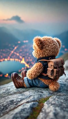 a teddy bear sitting on top of a rock with a backpack in his lap looking at the city