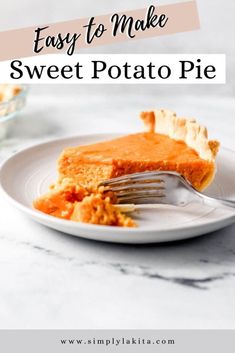 easy to make sweet potato pie on a white plate with a fork in the foreground