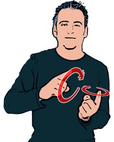 a man in a black shirt is pointing to the letter c