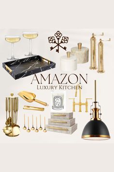 an assortment of gold kitchen accessories and utensils with the words amazon luxury kitchen