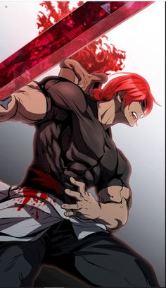 an anime character with red hair holding two swords