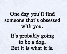 a poem written in black and white with the words one day you'll find someone that's obessed with you it's probably going to be a dog but it is what it