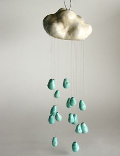 there is a cloud that has been suspended from the ceiling with blue eggs in it