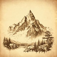 a drawing of a mountain with trees and water in the foreground, on an old paper background