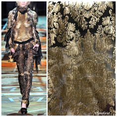 two pictures of women's clothing on the runway, one in gold and black