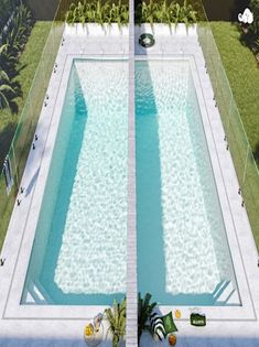 an aerial view of a swimming pool in the middle of a yard