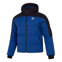 PUMA Colorblock Padded Down Jacket 'Blue' 537685-16 Blue Color Block Track Jacket, Puma Winter Jacket, Blue Half-zip Sports Outerwear, Blue Down Outerwear With Double-lined Hood, Blue Nylon Outerwear With Double-lined Hood, Padded Jacket, Puma Jacket, Down Jacket, Blue Black