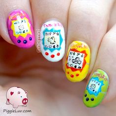 Tamagotchi nail art 90s Nails, Kawaii Nail Art, Really Cute Nails, Best Nail Art Designs, Kawaii Nails, Nail Polish Designs, Dream Nails, Funky Nails