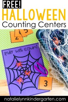 a halloween counting game with spider webs on it and the title overlay reads free halloween counting centers