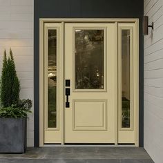 the front door to a house with two planters on either side and one potted plant