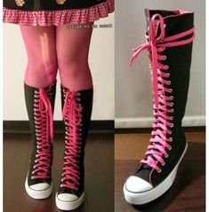 20 Hole Punk Rock Women Canvas Knee Hi Hot Pink Sneaker Flat Boots Punk Rock Women, Knee High Converse, High Converse, Cartoon Clothes, Ideal Aesthetic, Emo Princess, Heel Sneakers, Outfit References, Creeping Jenny