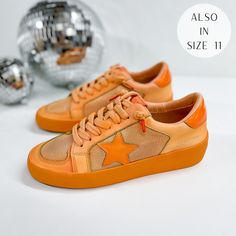 Vintage Havana | Extra Dip Dye Sneakers in Orange 8.5 | Trendy pieces for all shapes and sizes. Colored Sneakers, Orange Star, No Tie Laces, Orange Jeans, Orange Sneakers, Rocky Top, Glamour Style, Giddy Up Glamour, Orange Shoes