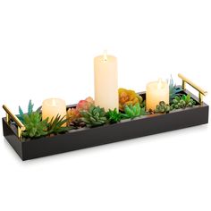 a tray with candles and succulents in it