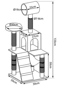 a diagram showing the height of a cat tower with stairs and a ramp for cats to climb